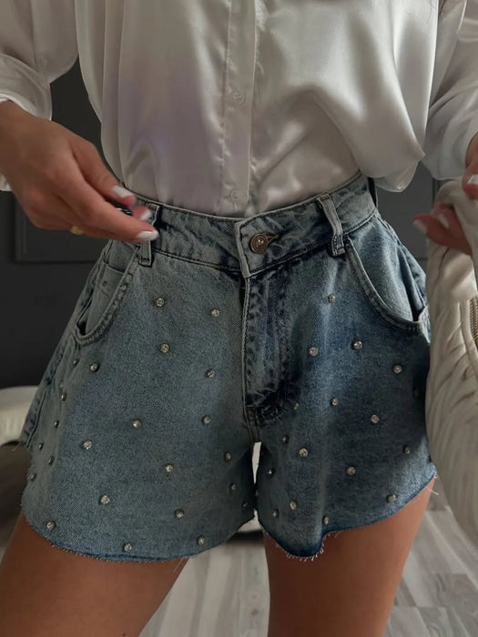 Rhinestone High Waist Denim Shorts - Byyde