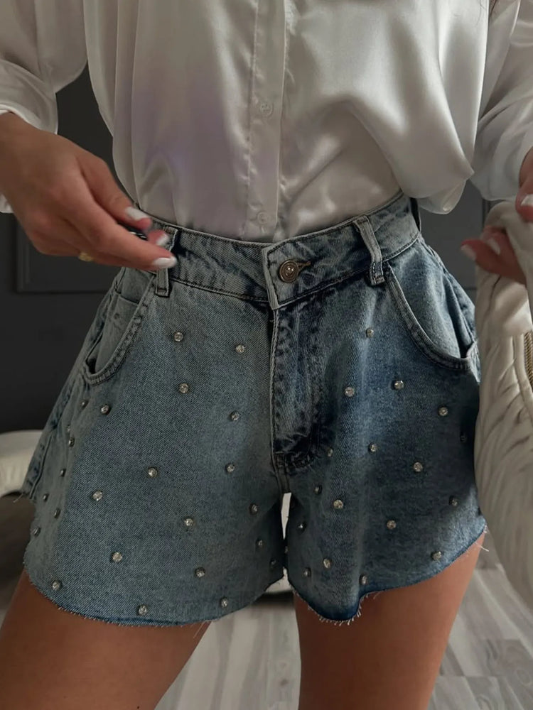 Rhinestone High Waist Denim Shorts - Byyde