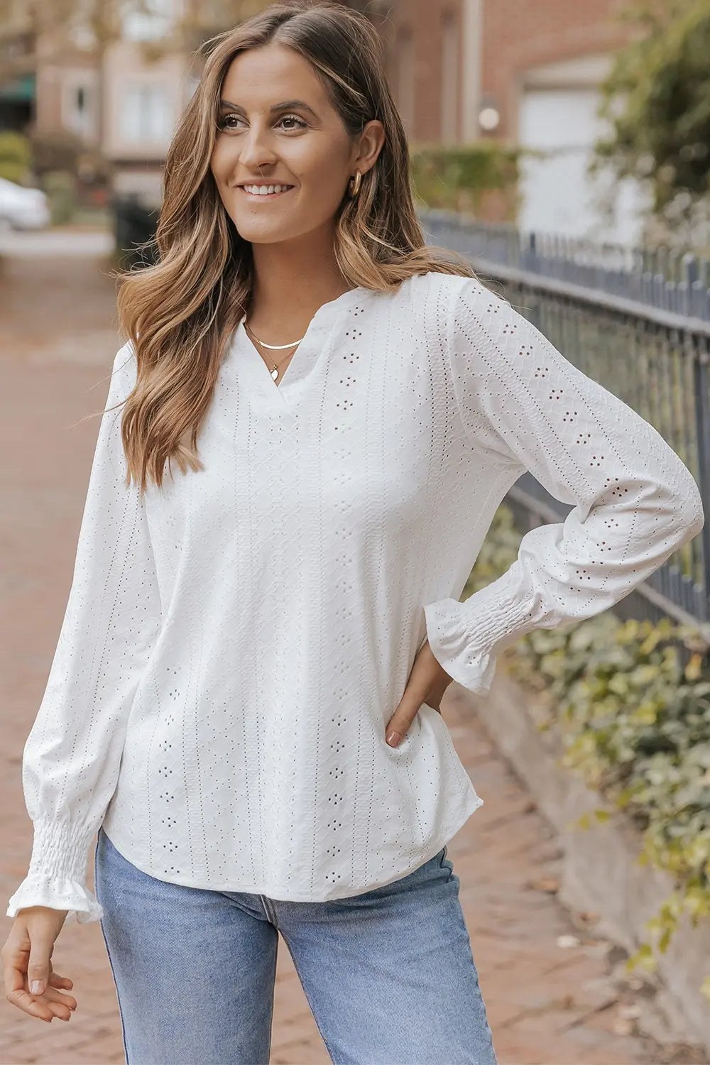 Openwork Notched Flounce Sleeve Blouse - Byyde
