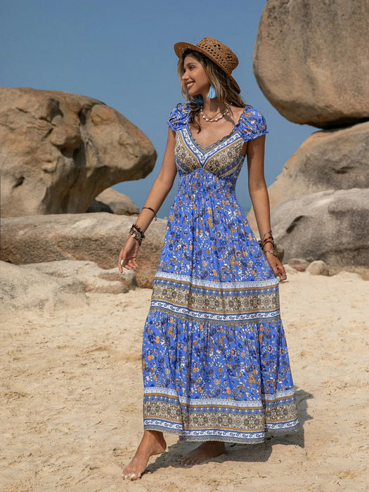 Printed V-Neck Cap Sleeve Midi Dress - Byyde