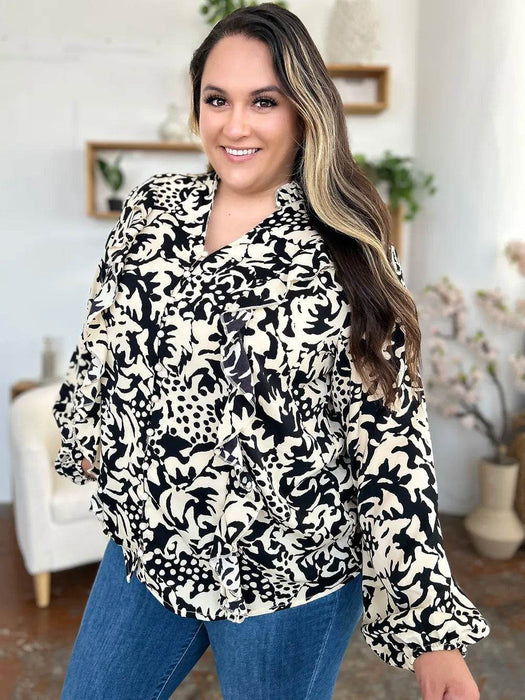 Double Take Full Size Printed Ruffle Trim Balloon Sleeve Shirt - Byyde