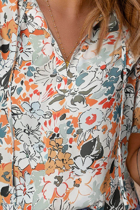 Floral Tie Neck Shoulder Detail Blouse - Byyde
