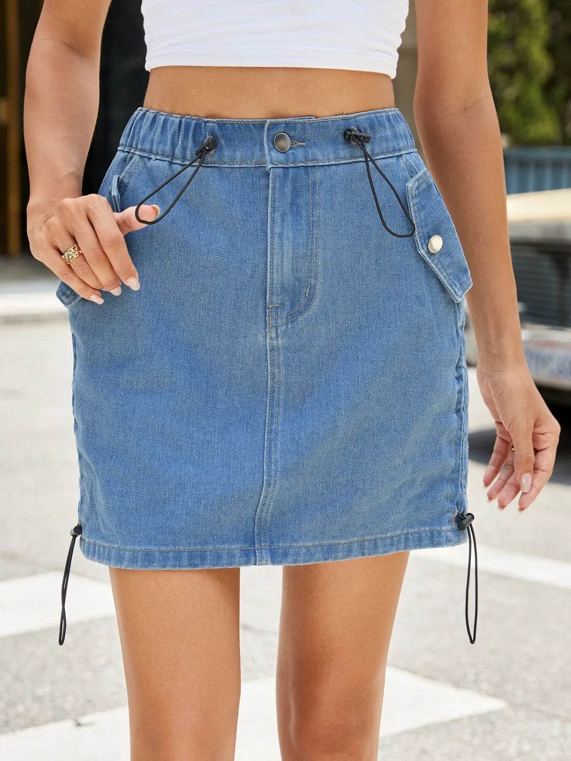Drawstring Denim Mini Skirt - Byyde