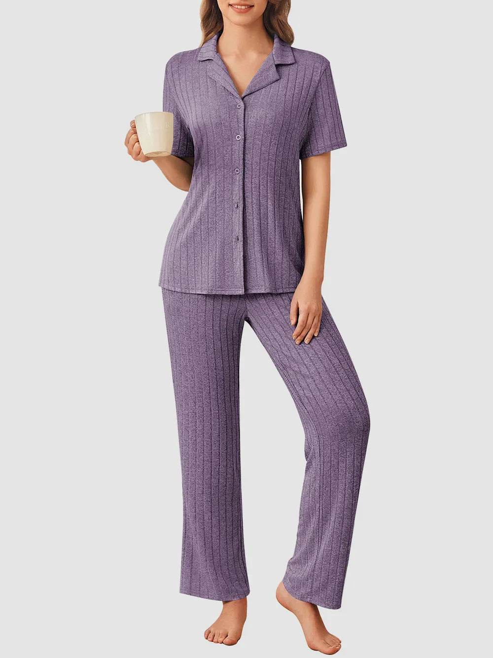 Button Down Long Sleeve Top and Pants Lounge Set - Byyde