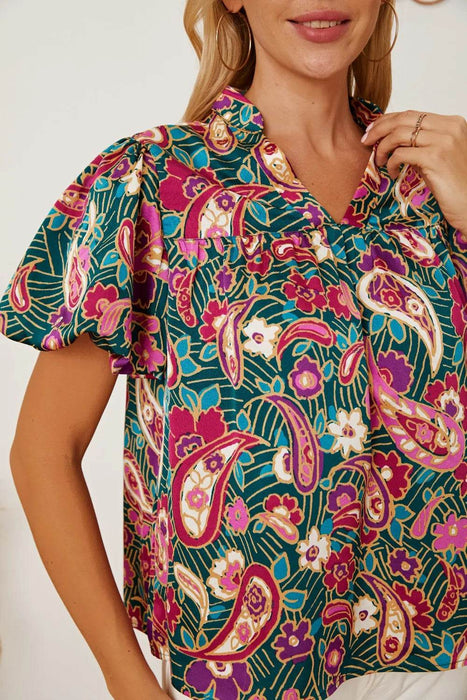 Floral Collared Neck Short Sleeve Blouse - Byyde
