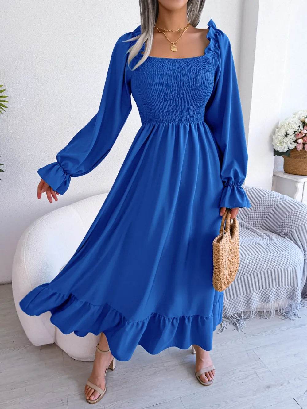 Smocked Square Neck Flounce Sleeve Dress - Byyde