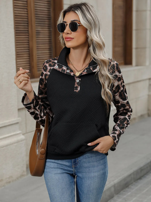 Leopard Print Sleeve Quarter Snap Sweatshirt - Byyde