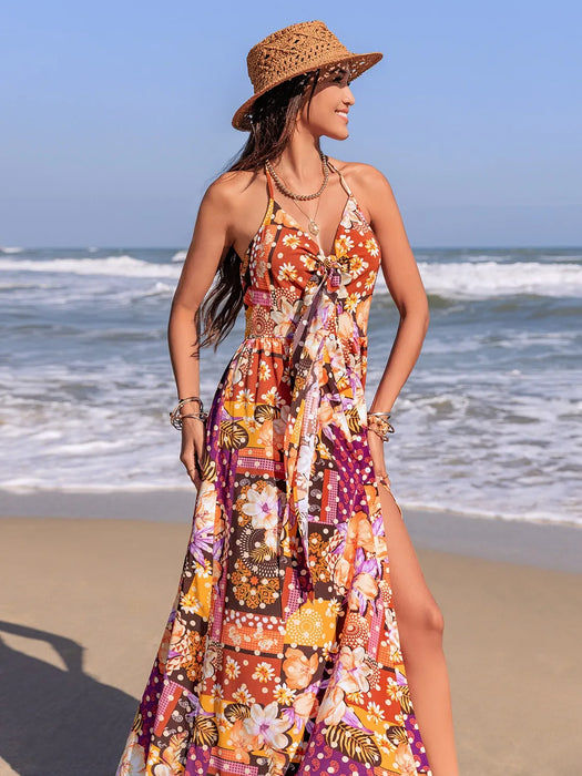 Slit Printed Halter Neck Cami Dress - Byyde