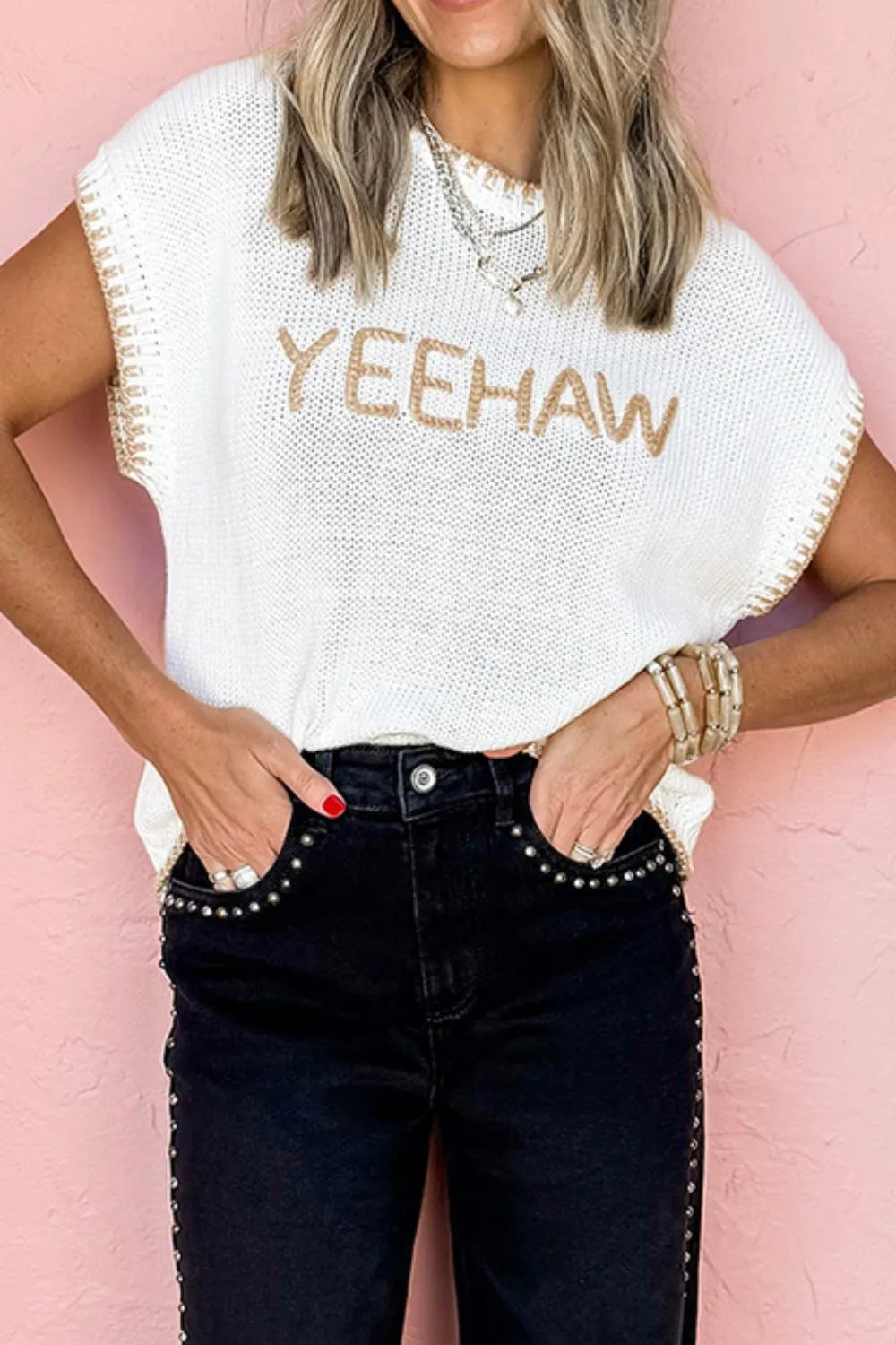 YEEHAW Stitch Edge Crew Neck Knit Top - Byyde