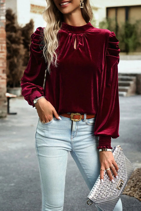 Tie Up Mock Neck Velvet Fabric Long Sleeve Blouse - Byyde