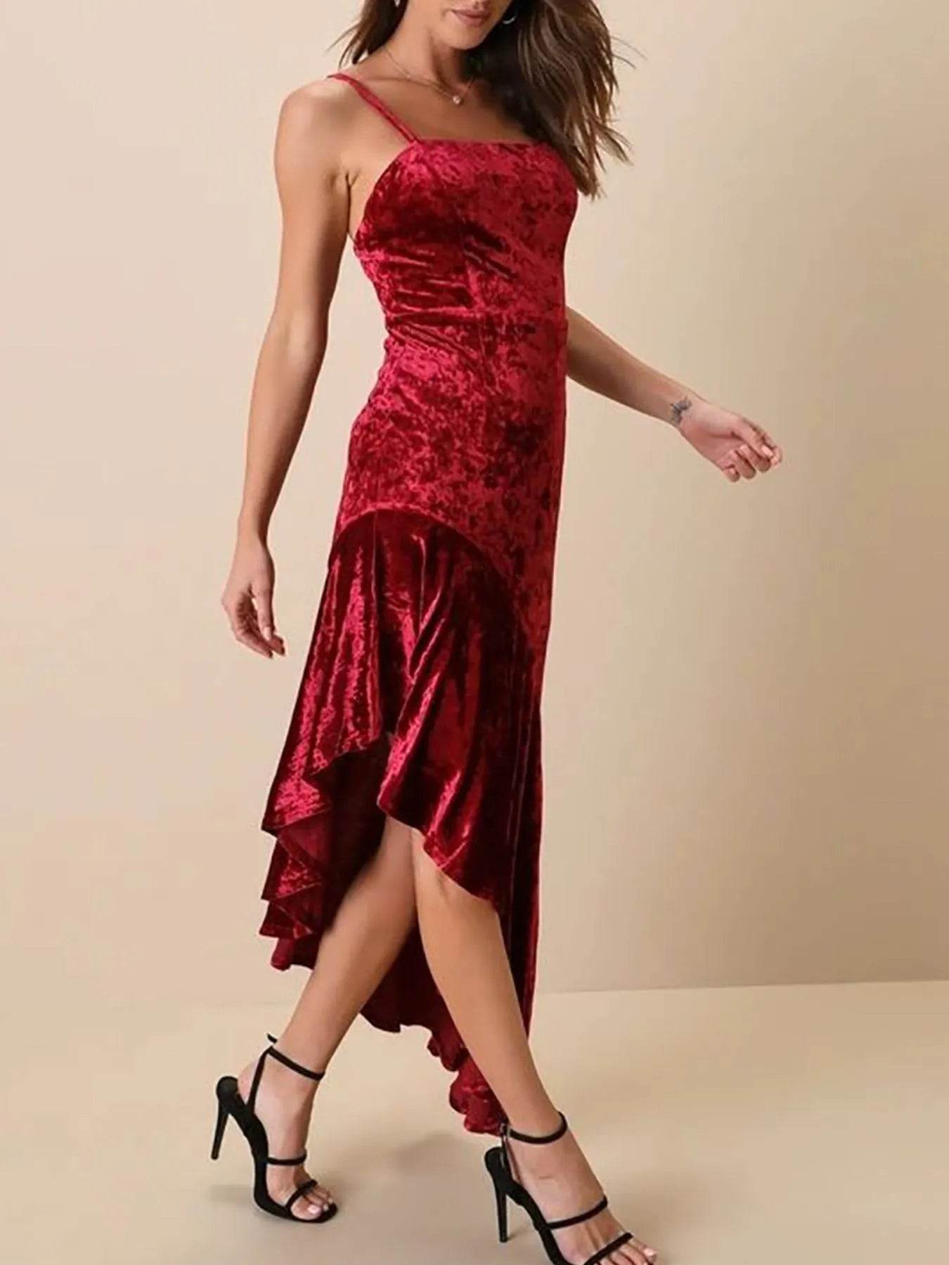 Asymmetrical Velvet Cami Dress with Ruffle Hem - Byyde