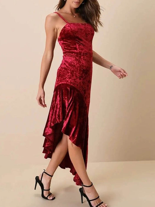Asymmetrical Velvet Cami Dress with Ruffle Hem - Byyde