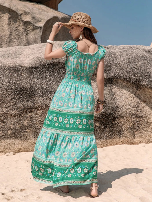 Smocked Printed V-Neck Dress - Byyde