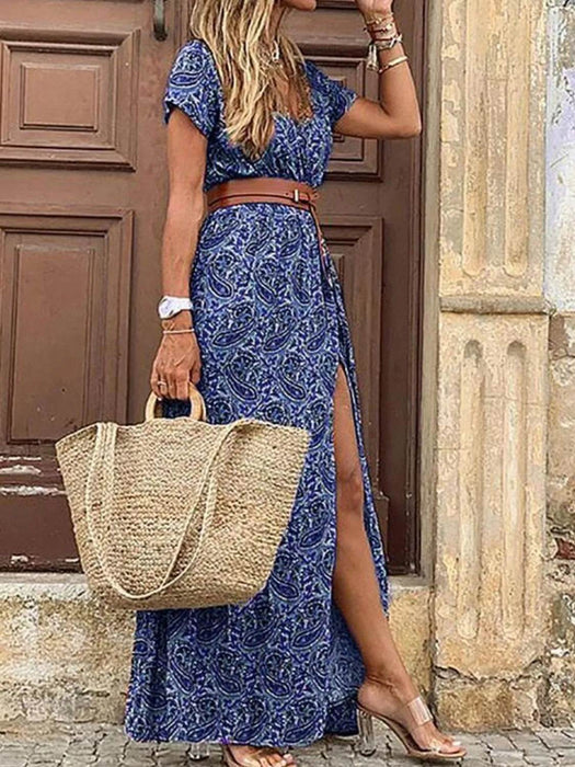 Full Size Printed V-Neck Short Sleeve Maxi Dress Plus Size - Byyde