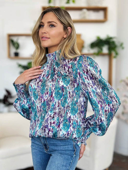 Double Take Full Size Printed Smocked Long Sleeve Blouse - Byyde