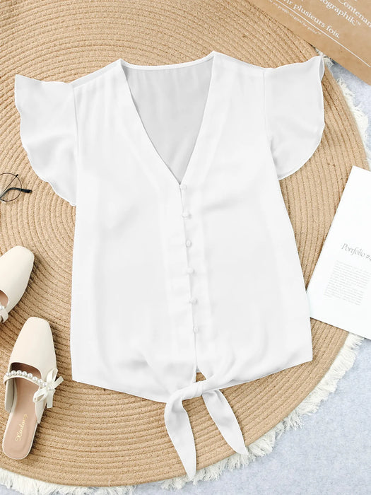 V-Neck Tie-Front Flutter Sleeve Blouse - Byyde