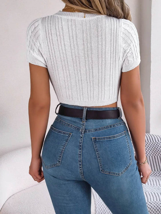 Cable Knit Openwork Round Neck Knit Top - Byyde