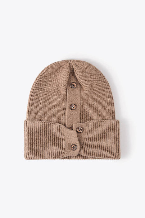 Button Detail Rib-Knit Cuff Beanie - Byyde