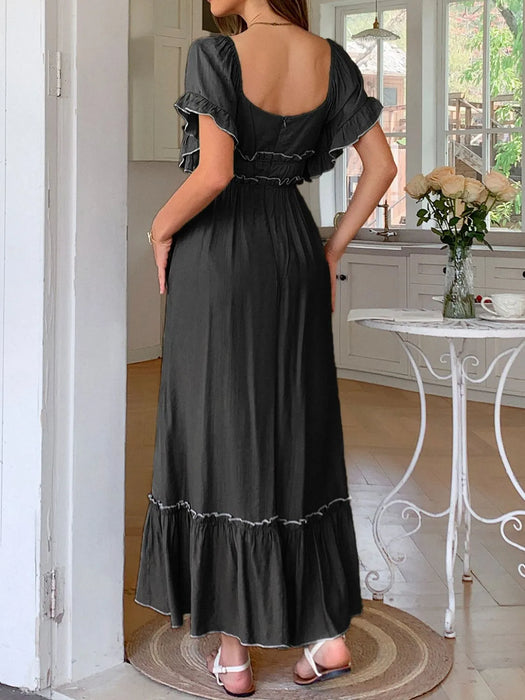 Square Neck Puff Sleeve Ruffle Trim Maxi Dress - Byyde