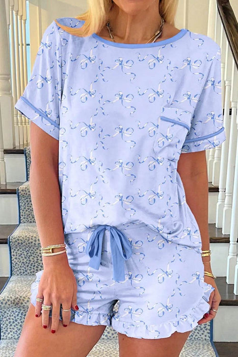Bow Print Short Sleeve Top and Shorts Pajama Set - Byyde