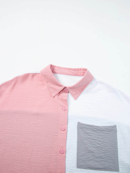 Color Block Oversized Button-Up Shirt with Chest Pocket - Byyde
