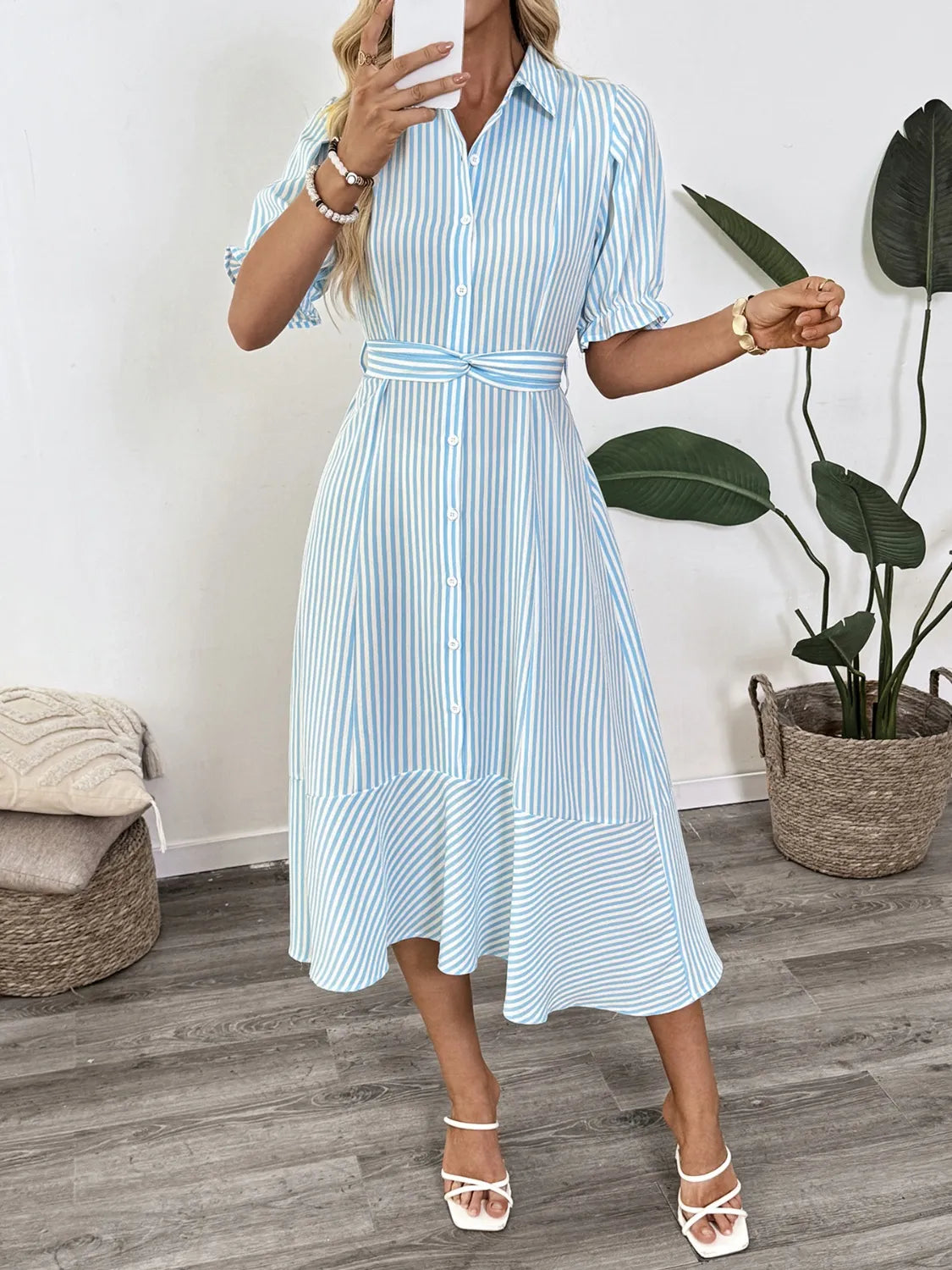 Striped Button-Down Midi Shirt Dress with Ruffle Sleeves - Byyde