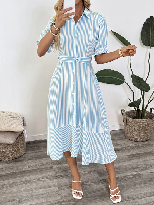 Striped Button-Down Midi Shirt Dress with Ruffle Sleeves - Byyde