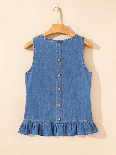 Sleeveless Ruffle Hem Denim Tank Top - Byyde