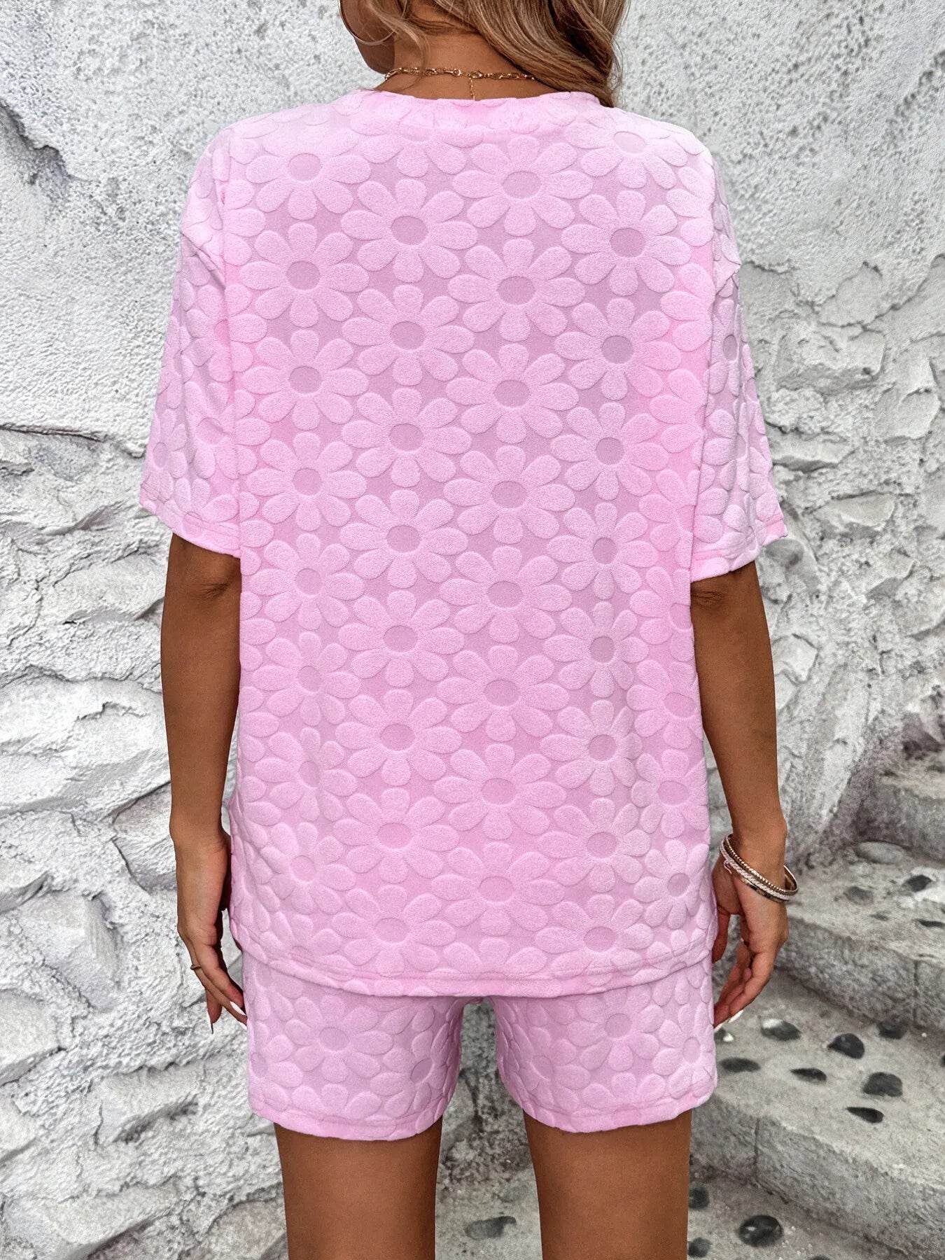 Flower Round Neck Top and Shorts Lounge Set - Byyde