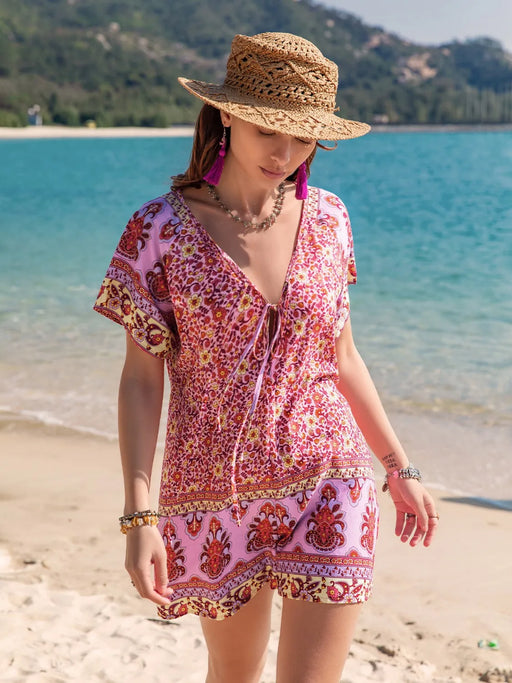 Printed V-Neck Short Sleeve Romper - Byyde