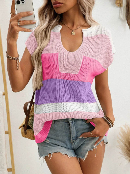 Color Block Notched Short Sleeve Knit Top - Byyde