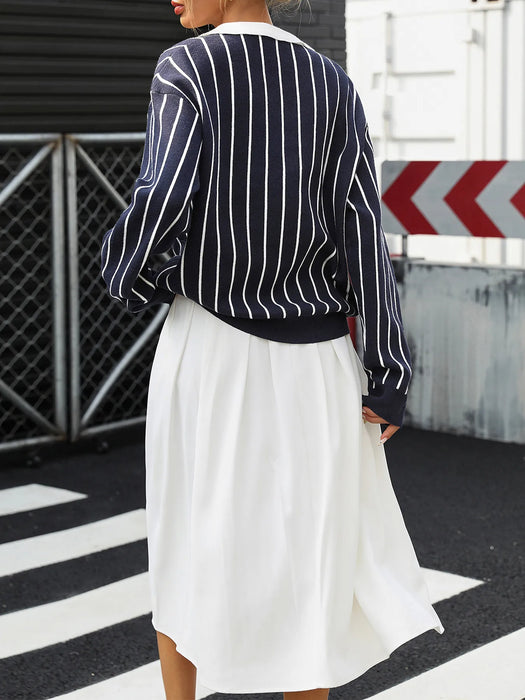 Stripe Contrast Collar Long Sleeve Knit Top - Byyde