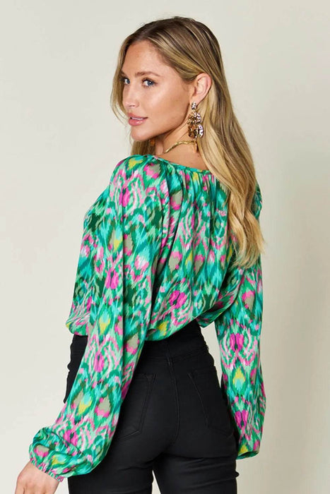 Double Take Full Size Printed Balloon Sleeve Blouse - Byyde