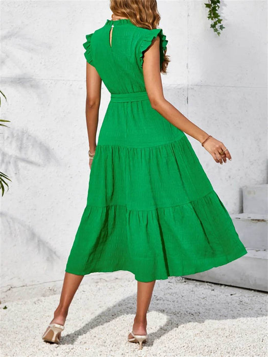 Frill Mock Neck Ruffled Cap Sleeve Midi Dress - Byyde