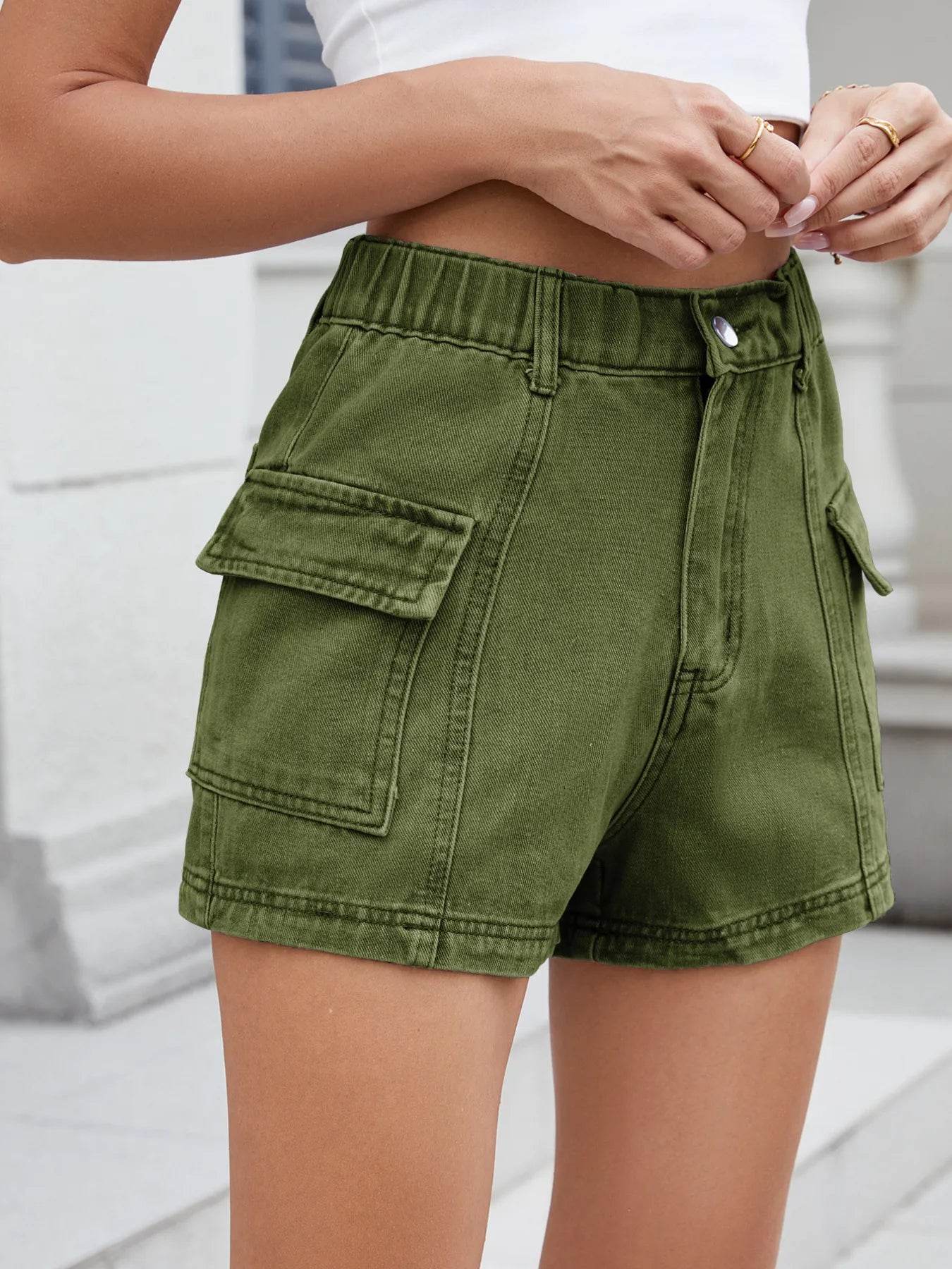 High Waist Cargo Denim Shorts - Byyde
