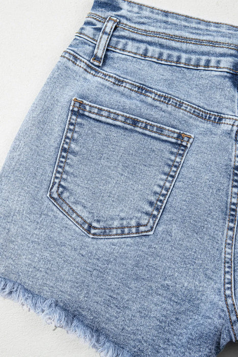 Rhinestone Light Wash Raw Hem High Waist Denim Shorts - Byyde