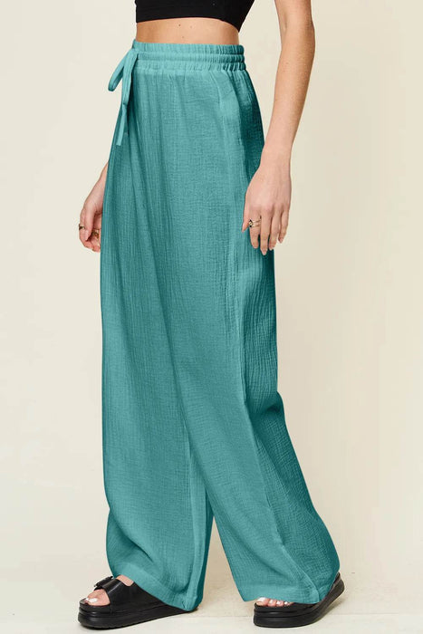 Double Take Full Size Texture Drawstring Wide Leg Pants - Byyde