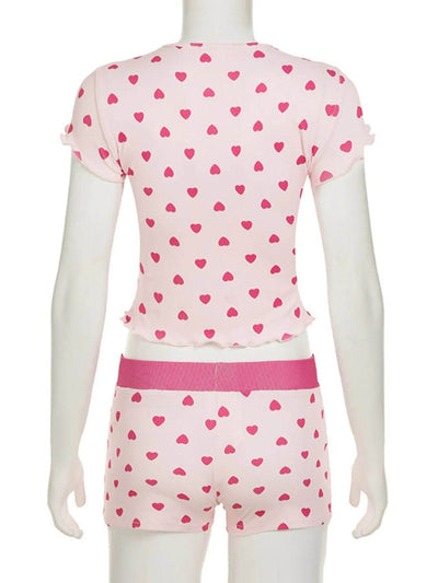 Heart Print Top and Shorts Loungewear Set - Byyde
