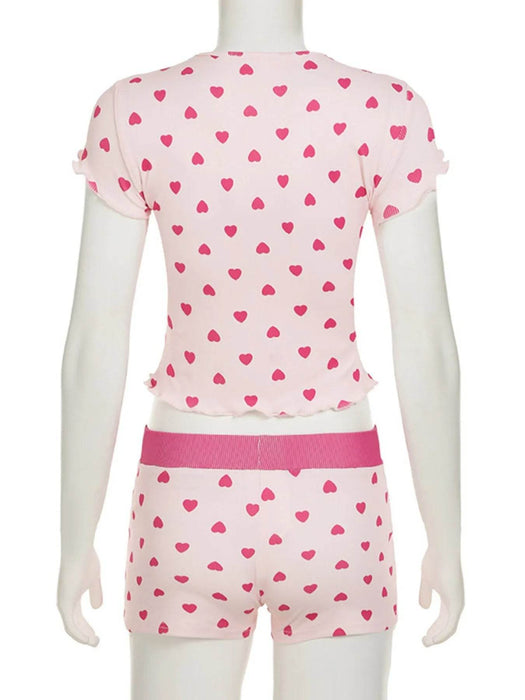 Heart Print Top and Shorts Loungewear Set - Byyde