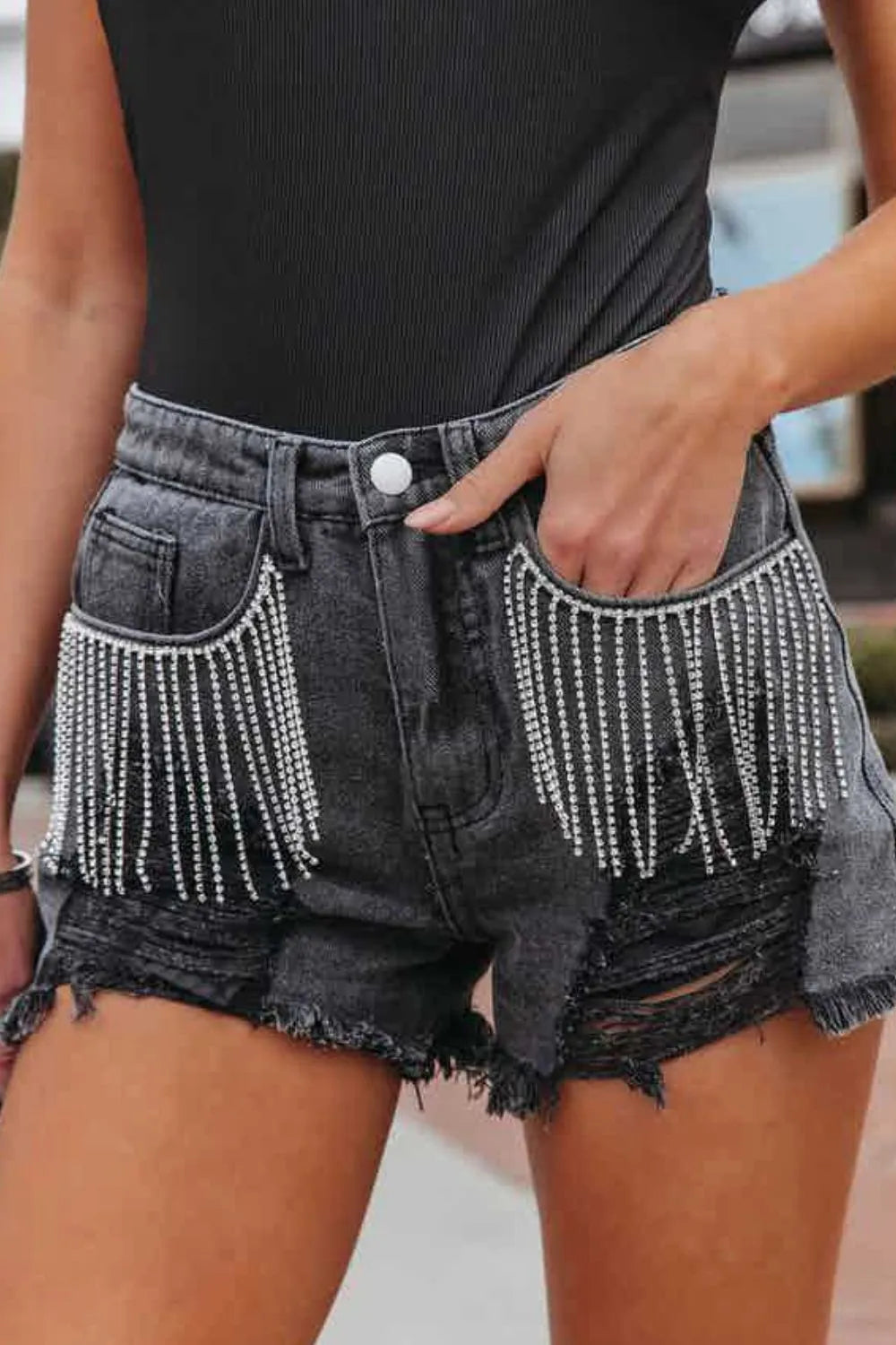 Rhinestone Fringe Distressed Denim Shorts - Byyde