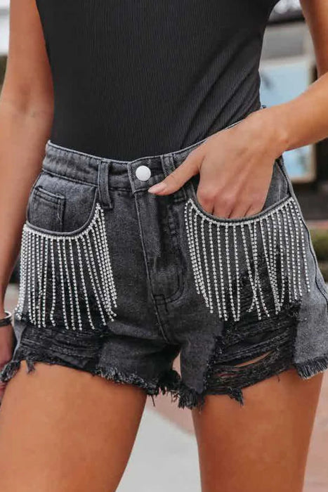 Rhinestone Fringe Distressed Denim Shorts - Byyde