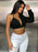 One Shoulder Long Sleeve Cropped Denim Top - Byyde