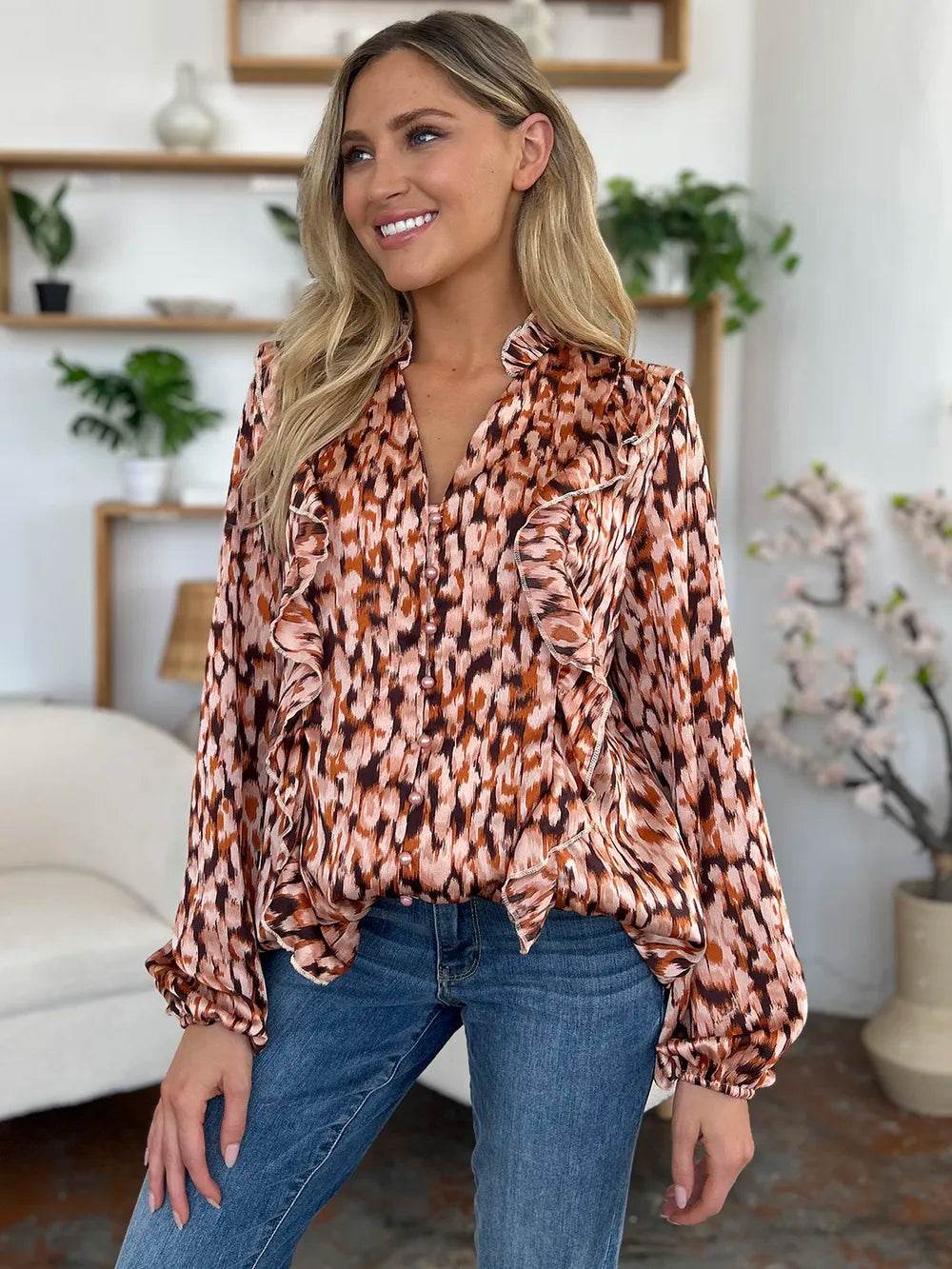 Double Take Full Size Printed Ruffle Trim Balloon Sleeve Shirt - Byyde