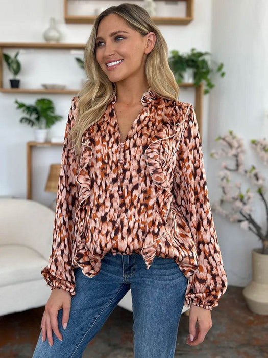 Double Take Full Size Printed Ruffle Trim Balloon Sleeve Shirt - Byyde