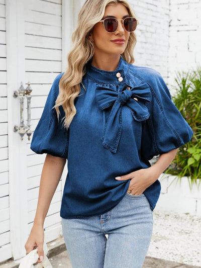 Denim Bow Tie Puff Sleeve Top - Byyde