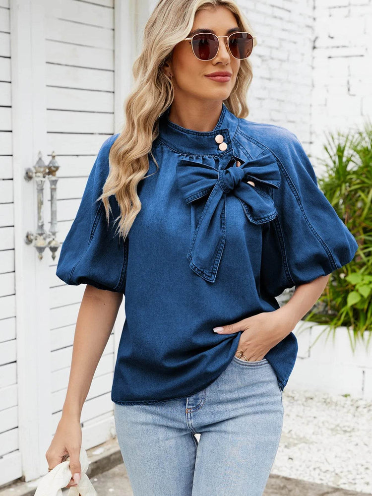 Denim Bow Tie Puff Sleeve Top - Byyde