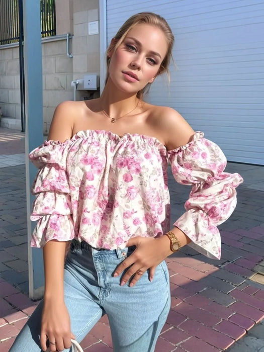 Printed Off-Shoulder Flounce Sleeve Blouse - Byyde