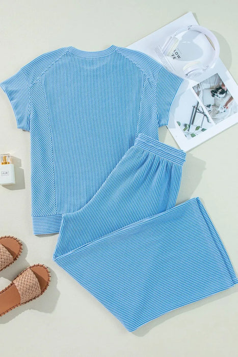 Ribbed Knit Round Neck Top and Pants Casual Set - Byyde