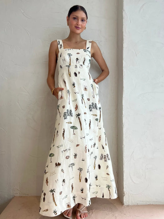 Printed Square Neck Maxi Cami Dress with Pocket - Byyde