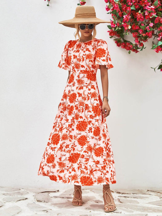 Floral Round Neck Tied Open Back Dress - Byyde